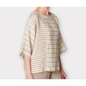 pureJill J. JIll Natural White Stripe 100% Linen Lagenlook Boxy Top Womens Small